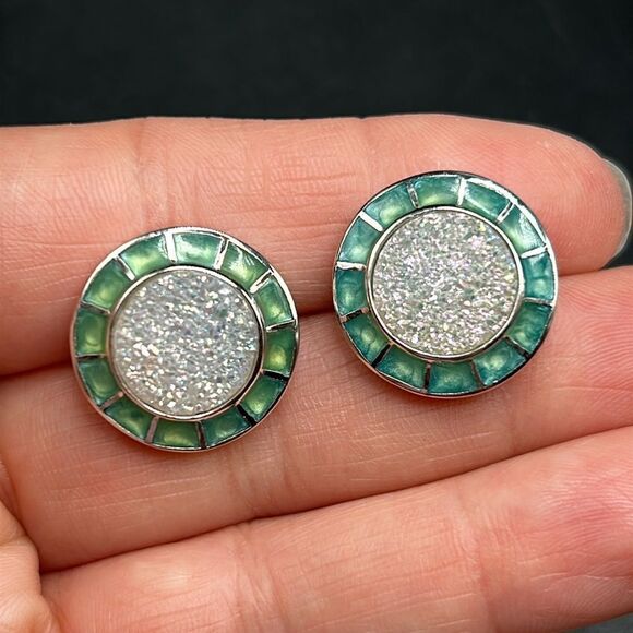 925 UTC Sterling Silver Druzy Stone Enamel Border Button Earrings - Picture 3 of 7